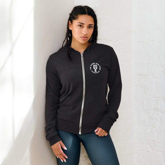 Badge + Tagline Unisex Zip Hoodie